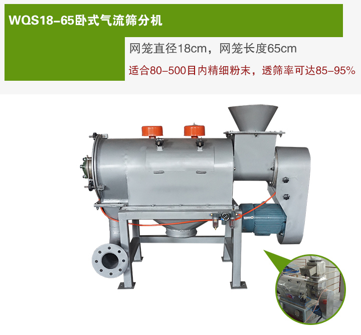 WQS18-65臥式氣流篩分機網(wǎng)籠直徑為18cm，網(wǎng)籠長(cháng)度為65cm